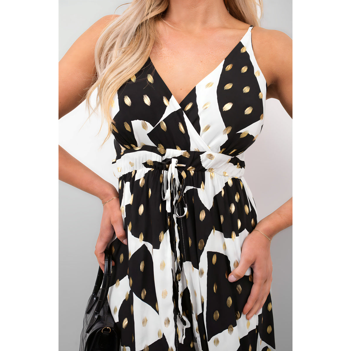 Printed V-Neck Sleeveless Romper Midi Dress
