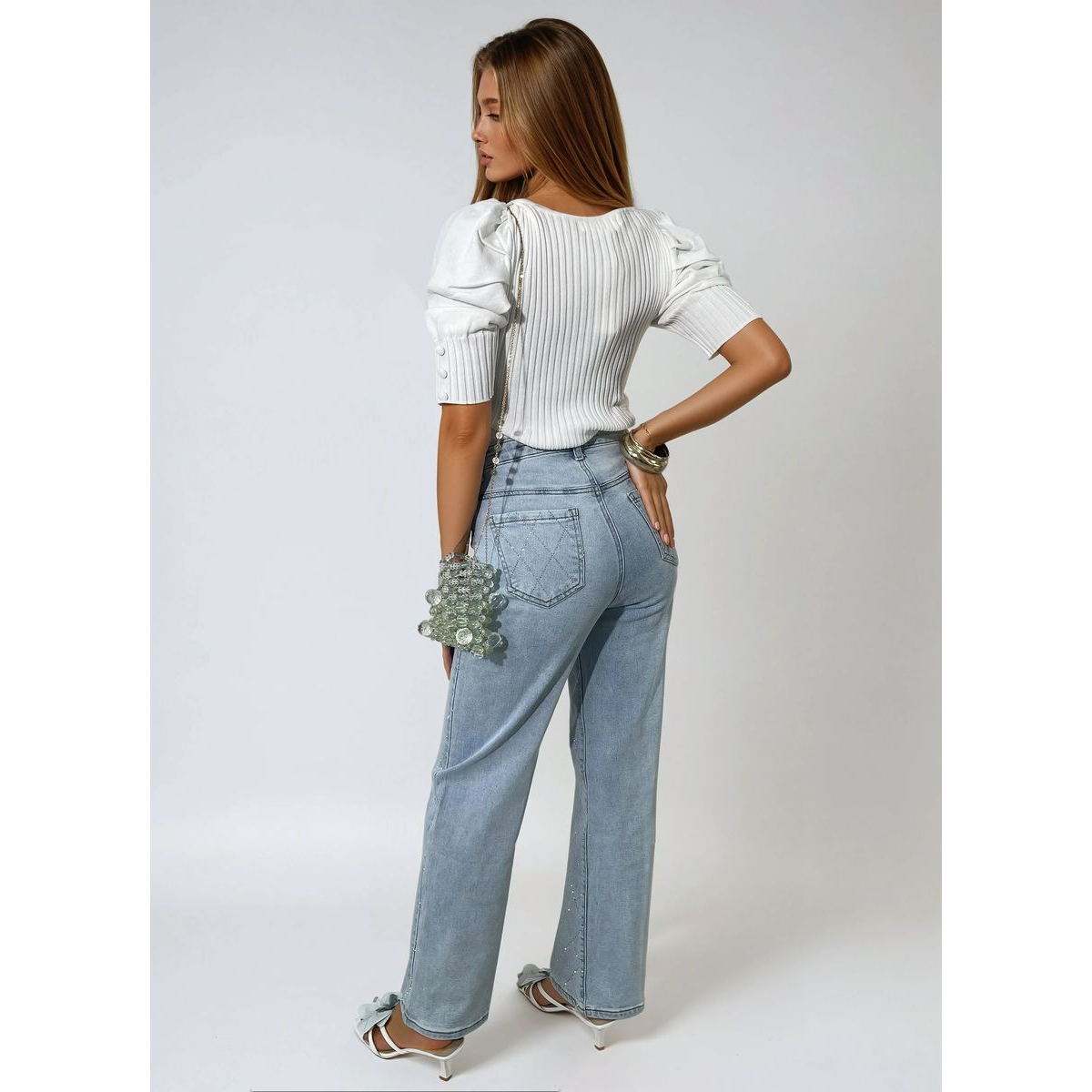 Diamond Pattern Embellished High Waisted Jeans