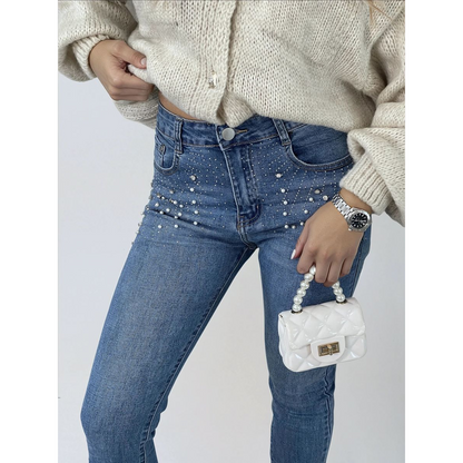 Rhinestone Embellished Skinny Fit Mid Rise Jeans