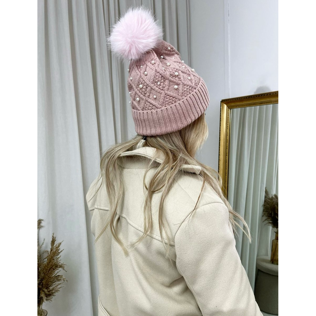 Pom Pom Knitted Winter Hat With Pearl Decor