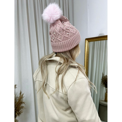 Pom Pom Knitted Winter Hat With Pearl Decor