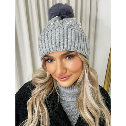 Pom Pom Knitted Winter Hat With Pearl Decor