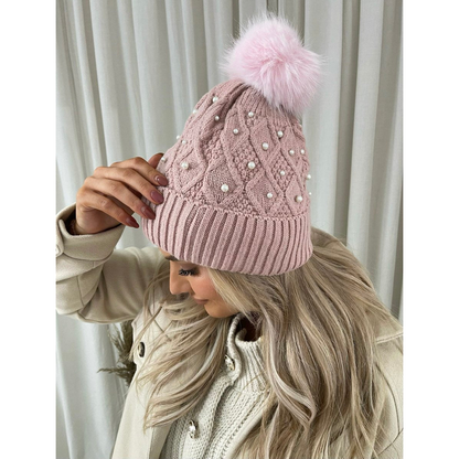Pom Pom Knitted Winter Hat With Pearl Decor