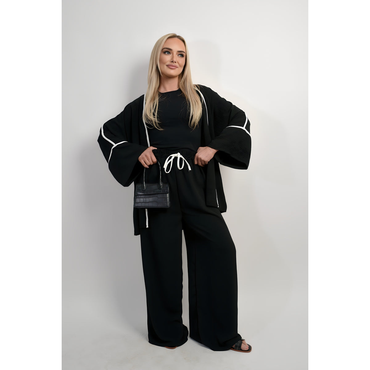 Contrast Trim Oversized Cardigan & Wide Leg Co-ord Set