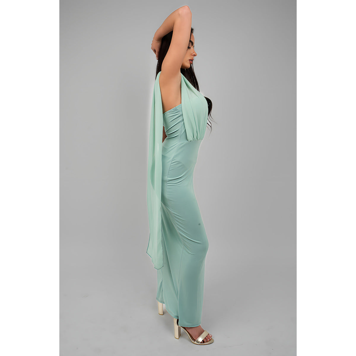 High Slit Draped Scarf Maxi Dress