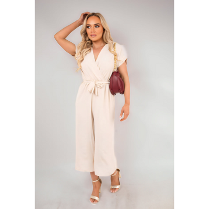 Wrap Short Sleeve Wide Leg Jumpsuit with Tie Waist