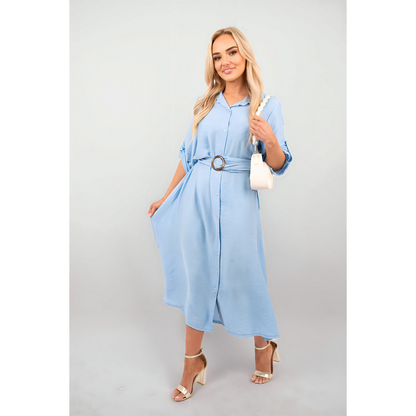 Belted Button Down Roll Tab Sleeve Midi Dress