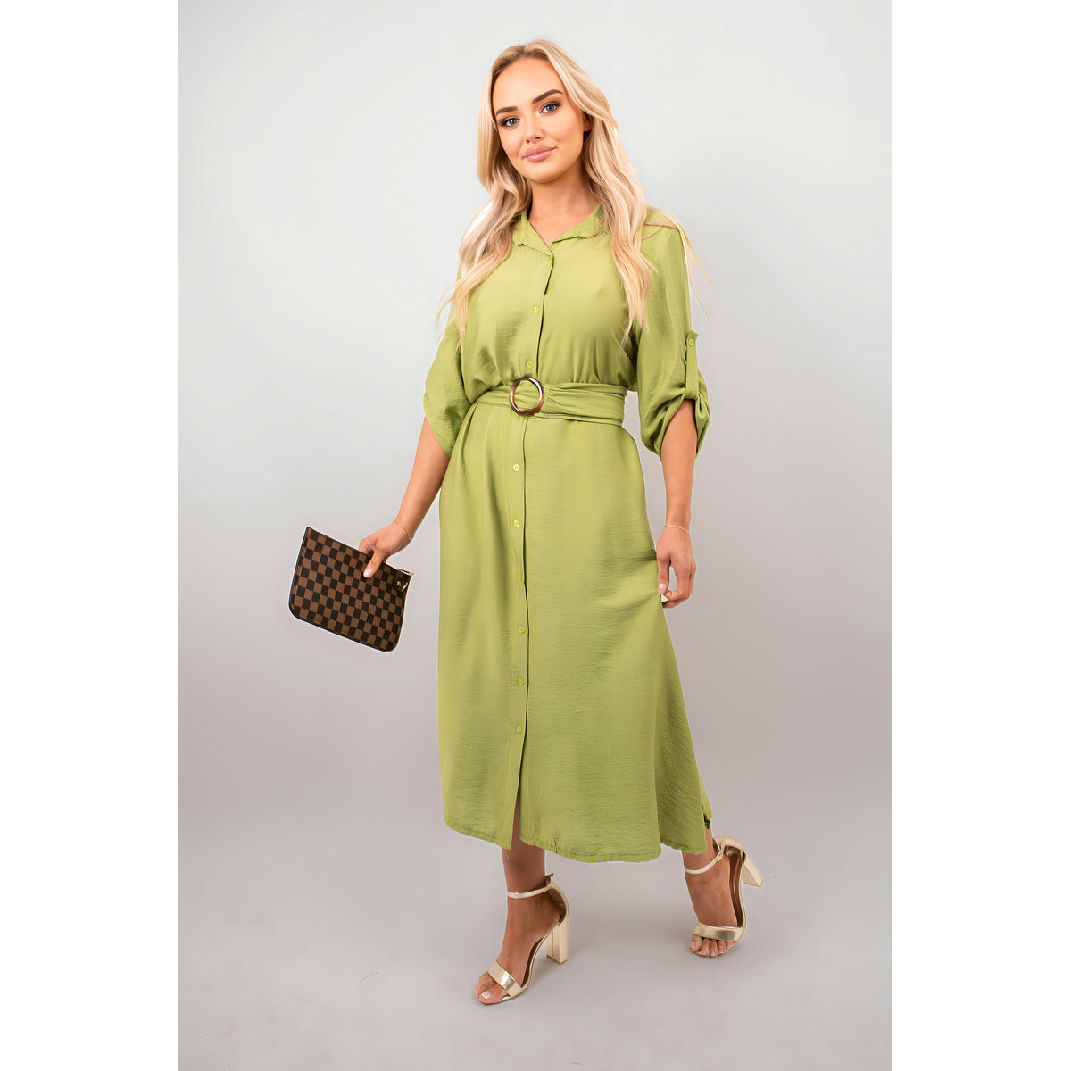 Belted Button Down Roll Tab Sleeve Midi Dress