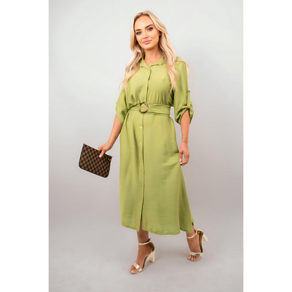 Belted Button Down Roll Tab Sleeve Midi Dress