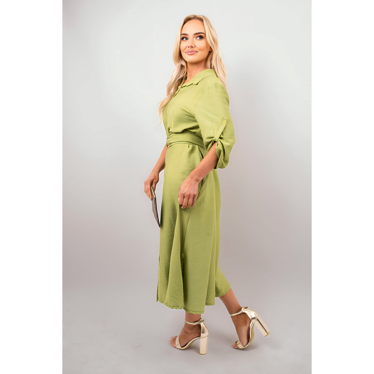 Belted Button Down Roll Tab Sleeve Midi Dress