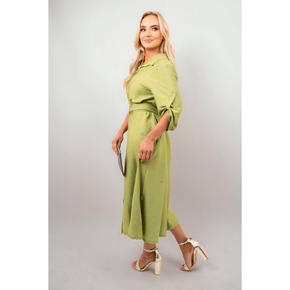 Belted Button Down Roll Tab Sleeve Midi Dress