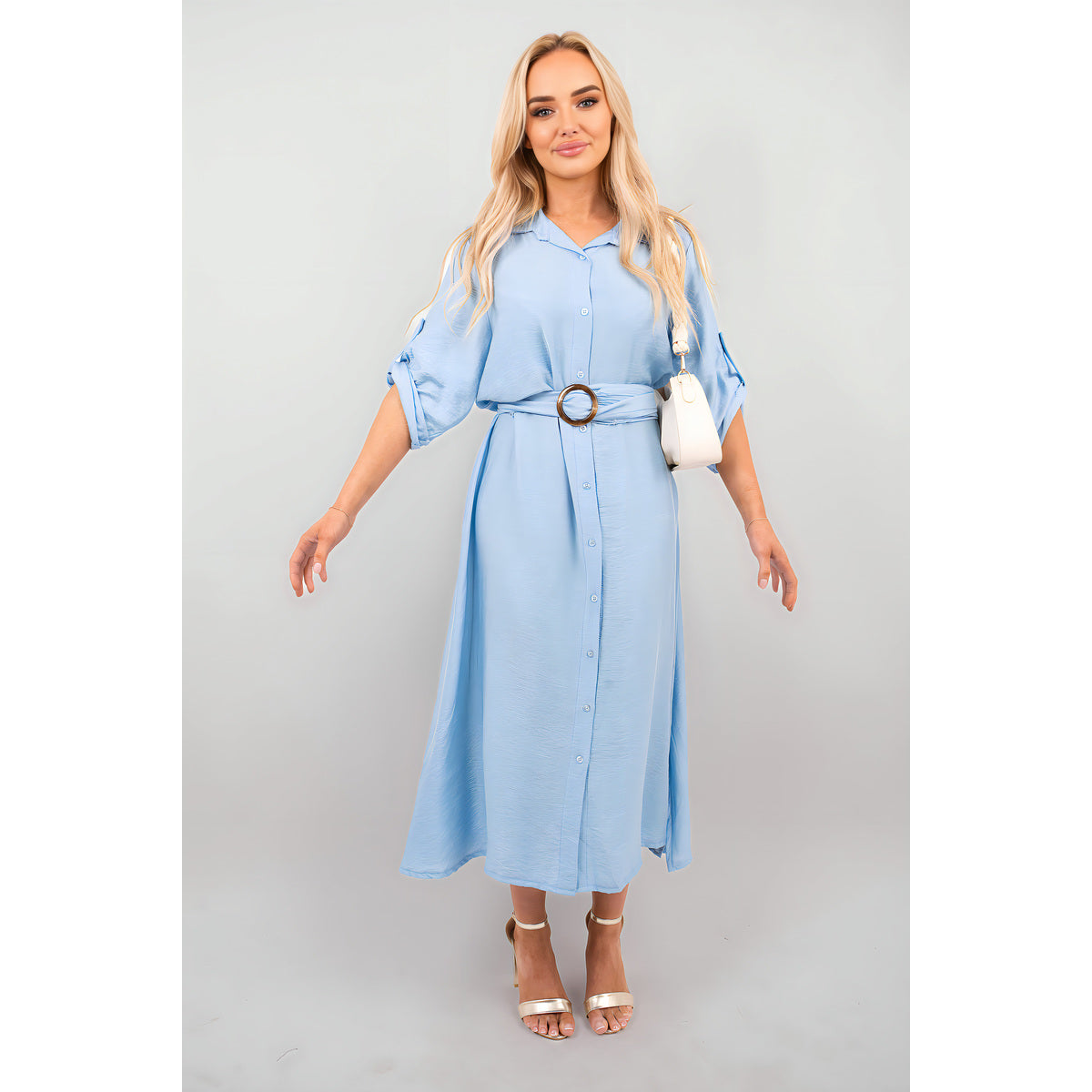 Belted Button Down Roll Tab Sleeve Midi Dress