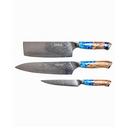 Damascus Steel Chefs Knife, Utility Knife & Vegetable Knife Set