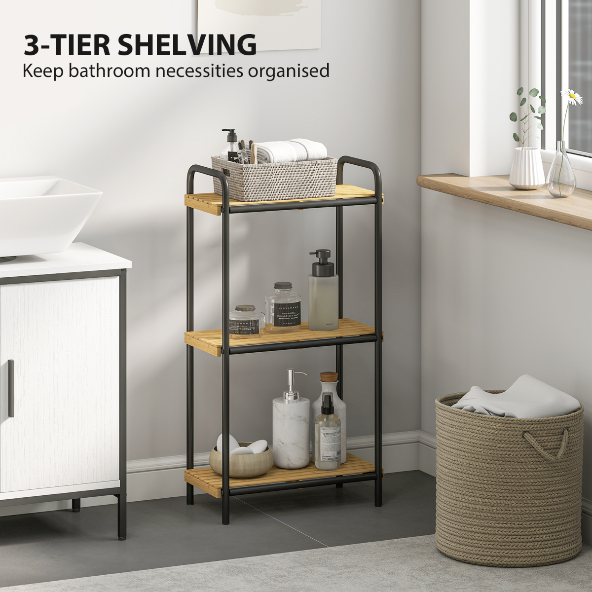 HOMCOM Bamboo Bathroom Shelf, Freestanding Shelving Unit