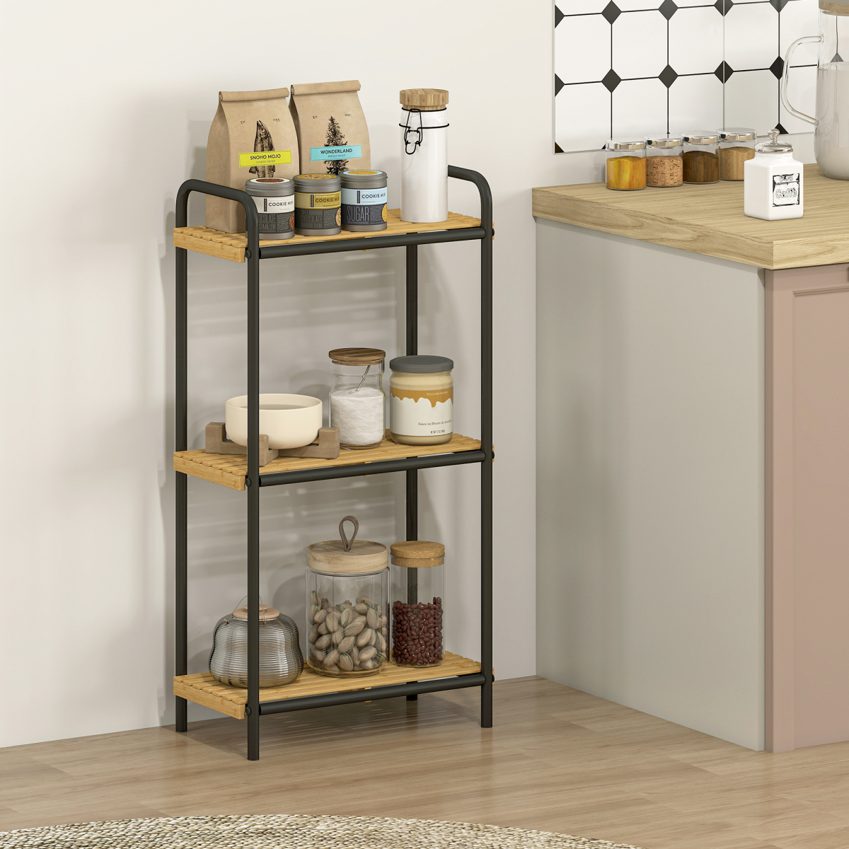 HOMCOM Bamboo Bathroom Shelf, Freestanding Shelving Unit
