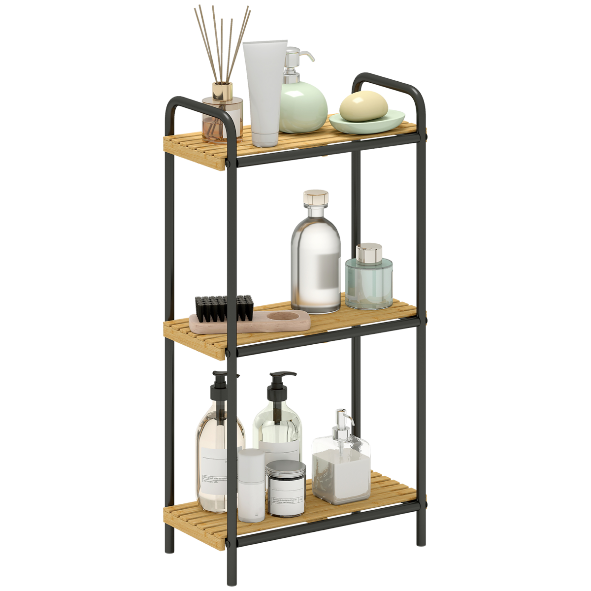 HOMCOM Bamboo Bathroom Shelf, Freestanding Shelving Unit