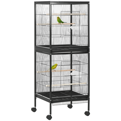 PawHut 2 In 1 Large Bird Cage Aviary with Wheels, Slide-out Trays Wood Perches