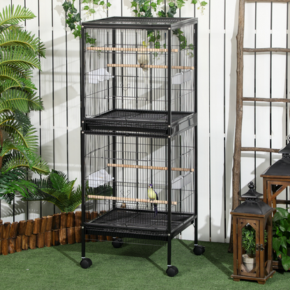 PawHut 2 In 1 Large Bird Cage Aviary with Wheels, Slide-out Trays Wood Perches