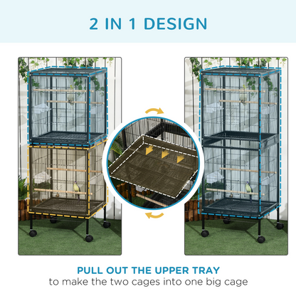 PawHut 2 In 1 Large Bird Cage Aviary with Wheels, Slide-out Trays Wood Perches