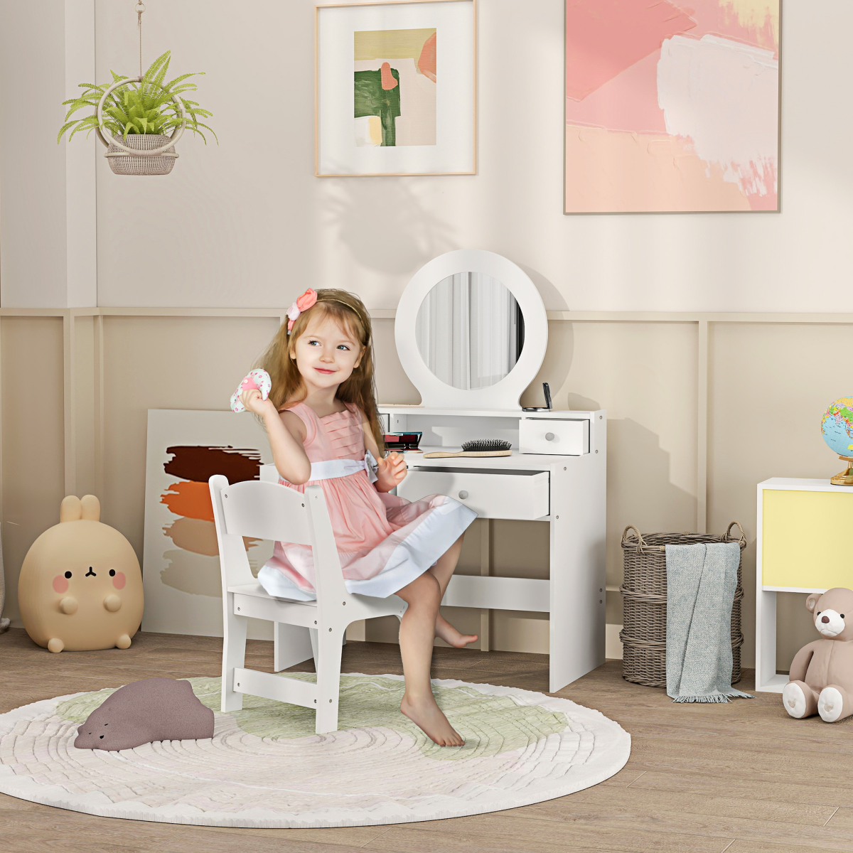 AIYAPLAY Kids Dressing Table Set w/ Stool, Mirror, Drawers