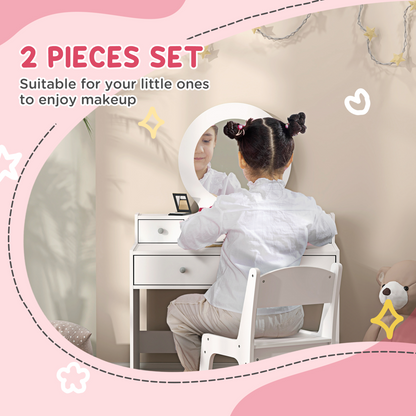 AIYAPLAY Kids Dressing Table Set w/ Stool, Mirror, Drawers