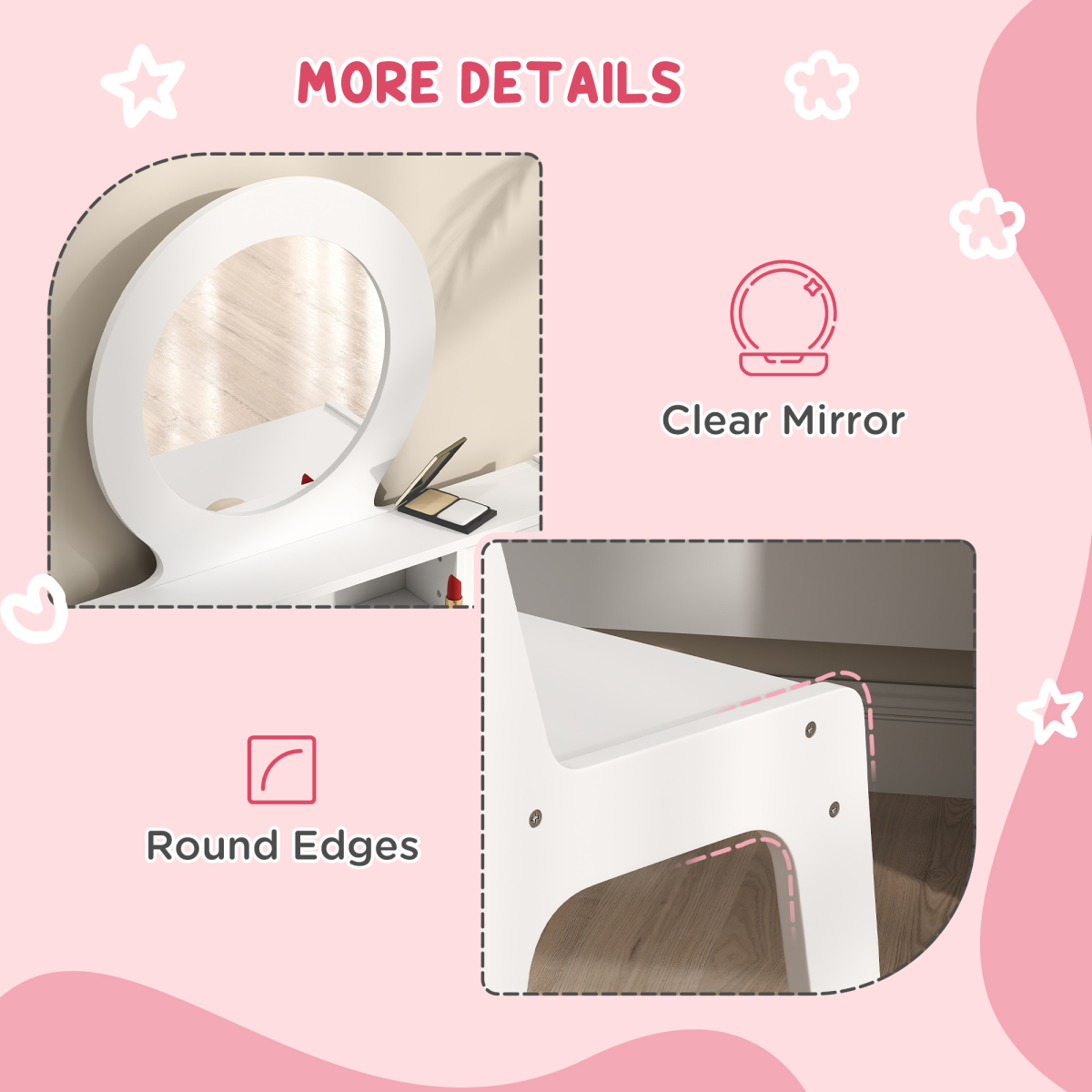 AIYAPLAY Kids Dressing Table Set w/ Stool, Mirror, Drawers