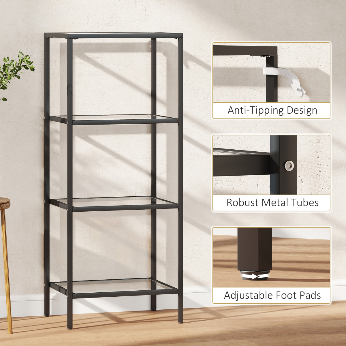 HOMCOM Shelving Unit Modern Glass Shelf Bookshelf for Home