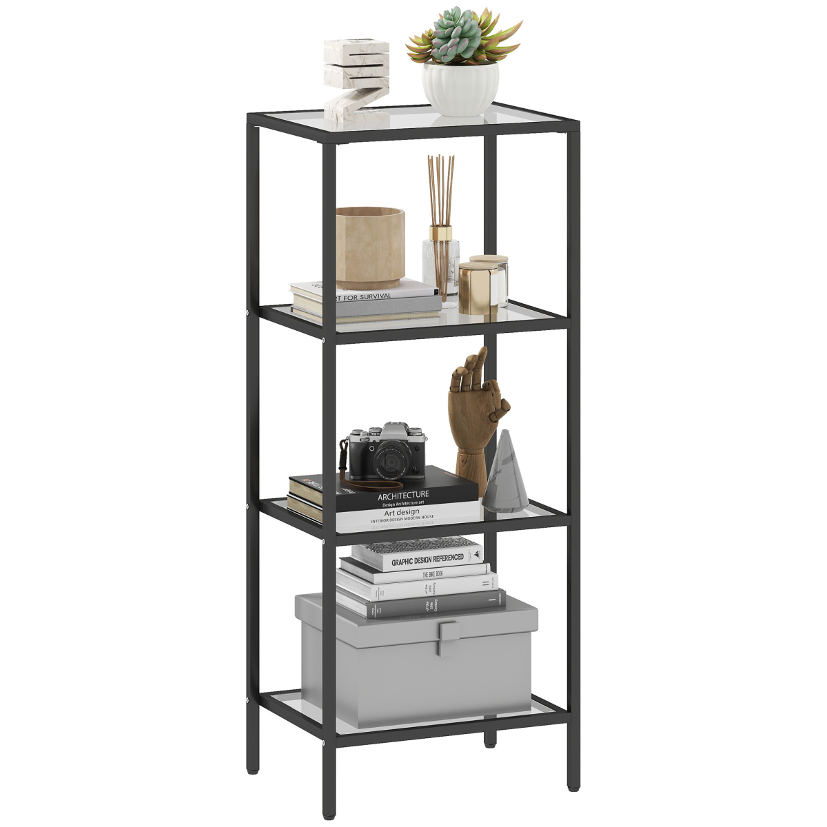 HOMCOM Shelving Unit Modern Glass Shelf Bookshelf for Home