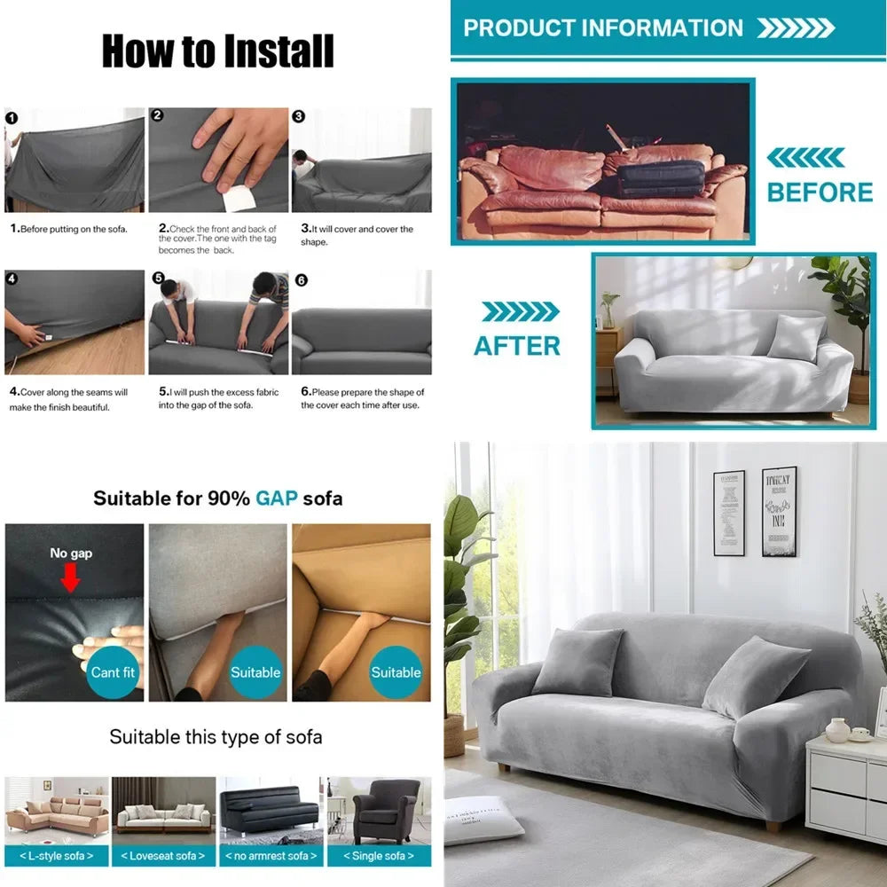 Velvet Sofa Cover Elastic Thick L Shaped Corner Sofa Cover for Living Room 1/2/3/4 Seater Stretch Cover for Sofa Couch Armchair