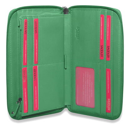 SADDLER SOPHIA Leather Zip Around Purse  - 15 Card slots, Mobile Phone Pocket,  Detachable Wrist Strap- RFID Protected