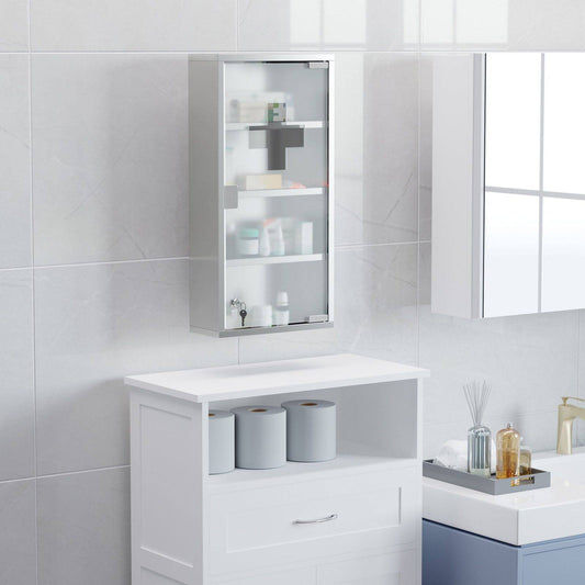 4 Tier Stainless Steel Wall Mounted Medicine Cabinet Glass Lockable Door Storage Shelves Houseware Bathroom Furniture 60Hx30Wx12Dcm w/2 Keys