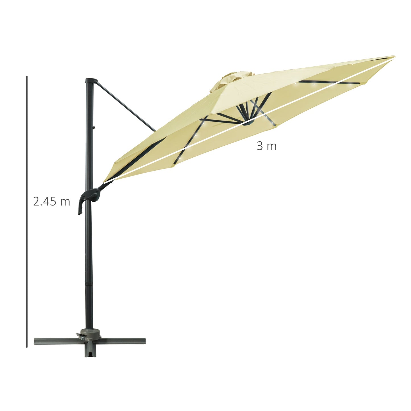 3M LED Cantilever Parasol Garden Sun Umbrella w/ Base and Solar Lights Beige
