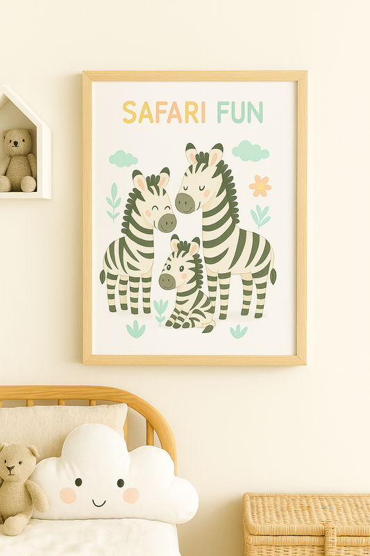 Safari Fun Zebra Family – Neutral Nursery Wall Art Print