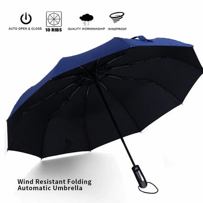 10 Ribs Portable Strong Frame Umbrella Strong Windproof Automatic Open Close Folding Umbrella Compact Travel for Men Women