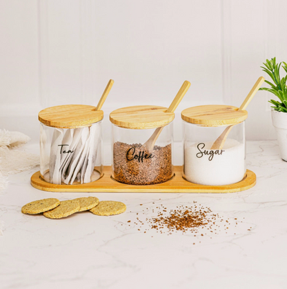 Glass Jar Kitchen Station Set - Tea, Coffee, Sugar and Hot Chocolate