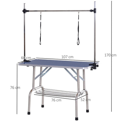 Pawhut Adjustable Dog Grooming Table Rubber Top 2 Safety Slings Mesh Storage Basket Heavy Metal Blue 107 X 60 X 170cm