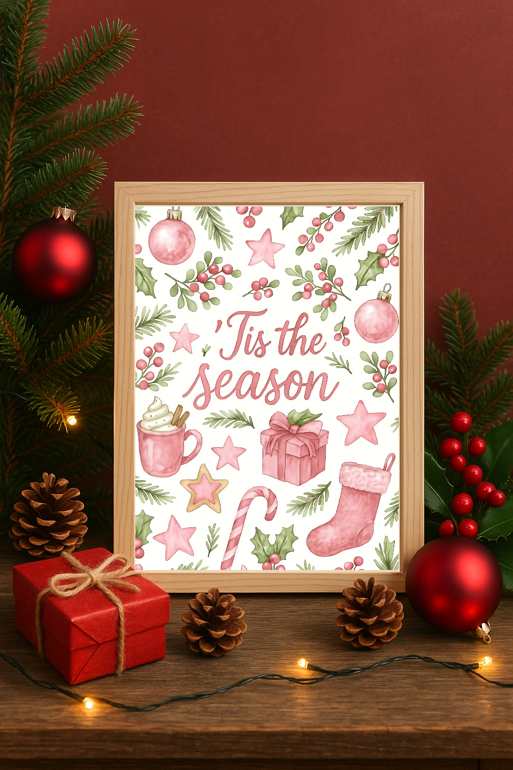 Pink Tis the Season Wall Art – Pink Christmas Ornaments, Stocking & Gift Print