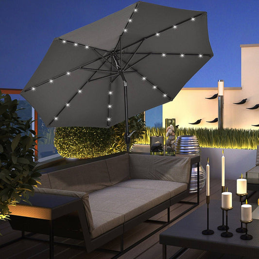 Garden Parasol Outdoor Tilt Sun Umbrella Patio 24 LED Light Hand Crank Grey
