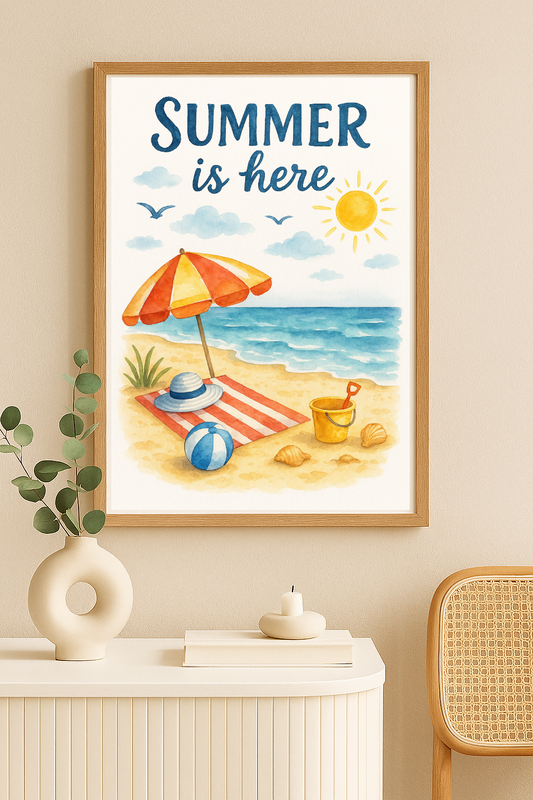 Summer Is Here Watercolour Beach Wall Art – Coastal Kids Room Print with Umbrella & Sand Toys