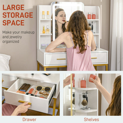 HOMCOM Makeup Vanity Desk Set with Lighting Mirror, Stool, Drawers, White