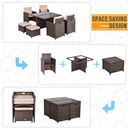 9-Pieces PE Rattan Cube Garden Furniture Set with Cushions