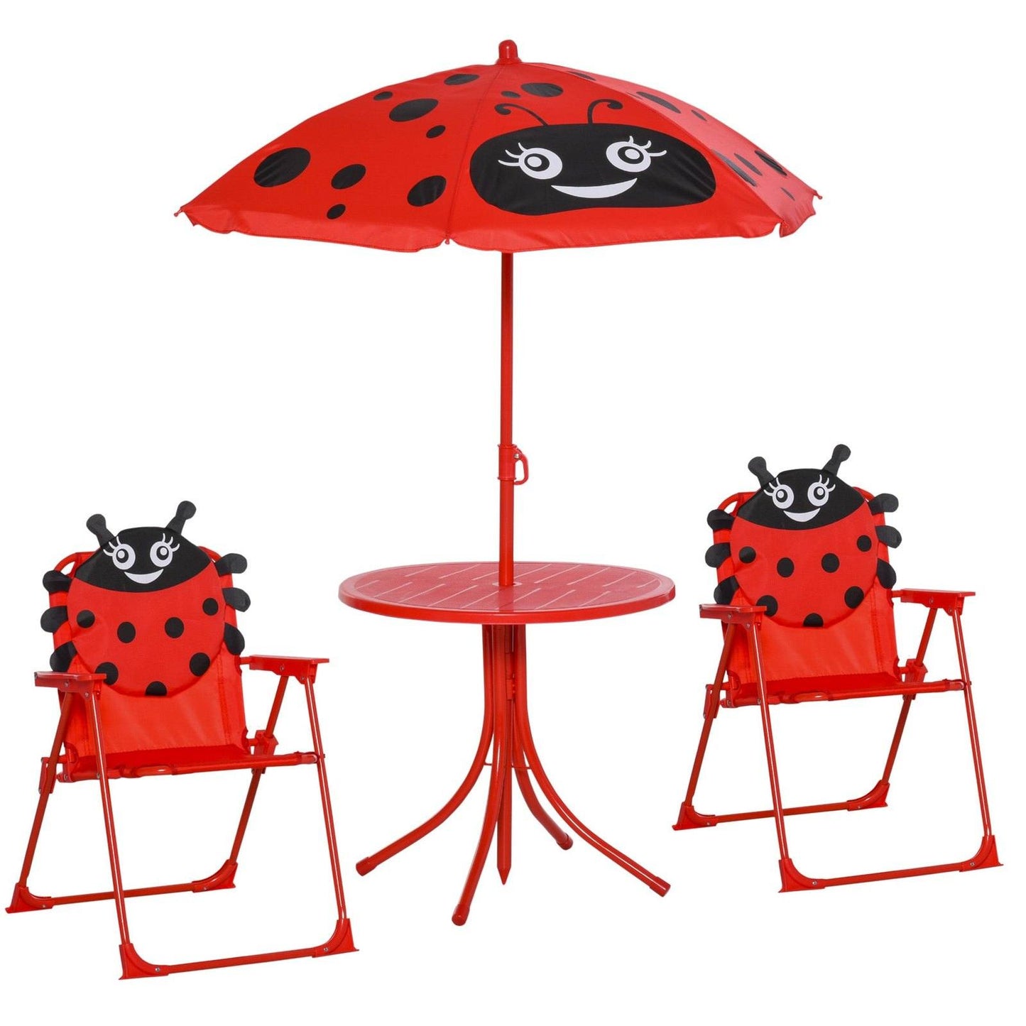 Kids Folding Picnic Table and Chairs Set Ladybug Pattern Outdoor w/ Parasol