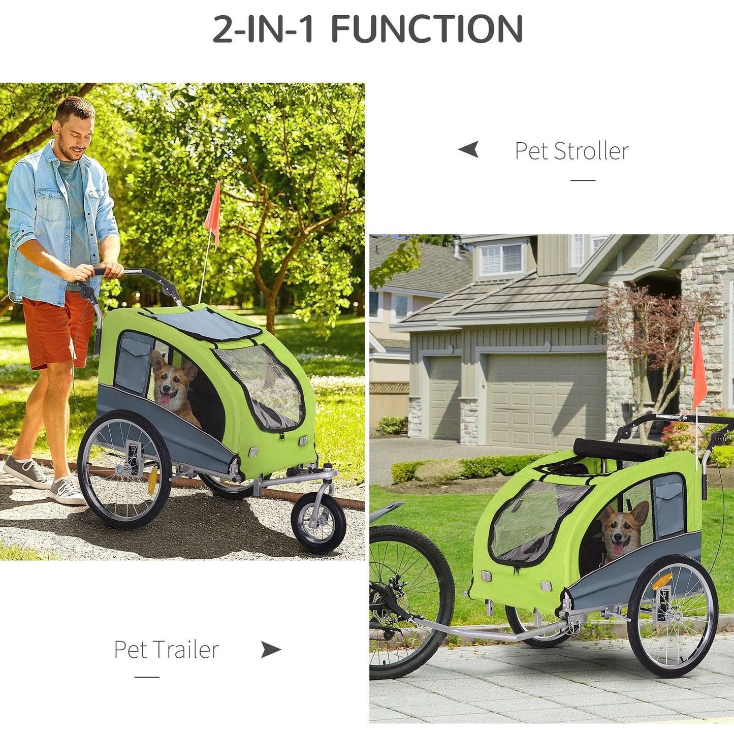 PawHut Steel Pet Bicycle Trailer 360 Rotatable 3 Wheel Carrier Green