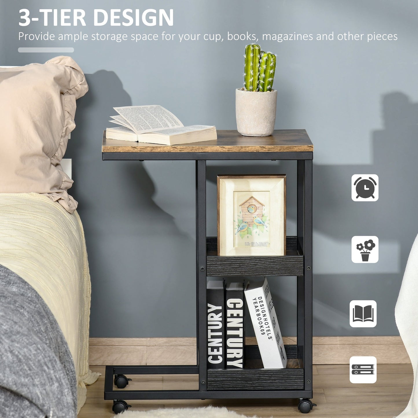 Industrial Mobile Sofa Side Table C Shaped Rolling Couch Table With 3 Tier Storage Shelving Four Lockable Wheels Steel Frame Brown