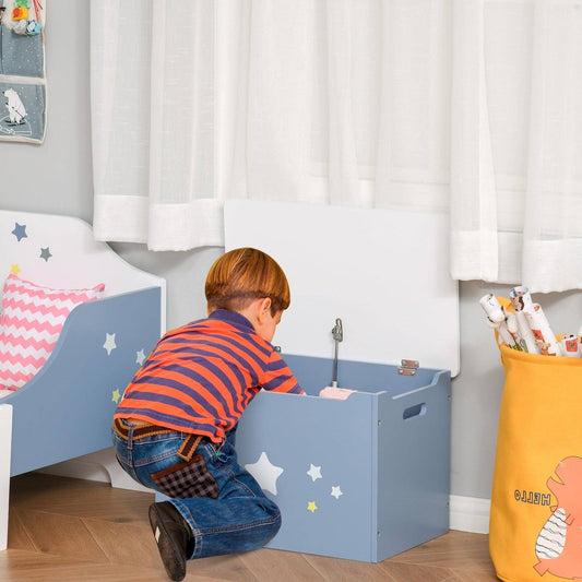 Kids Wooden Toy Box Children Storage Chest Organiser Side Handle Safety Hinge Play Room Furniture Blue