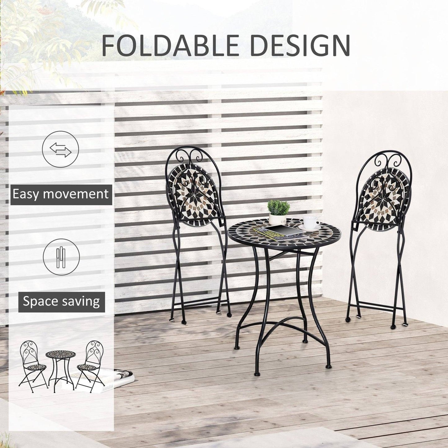 3-Piece Garden Bistro Set with Coffee Table and 2 Folding Chairs