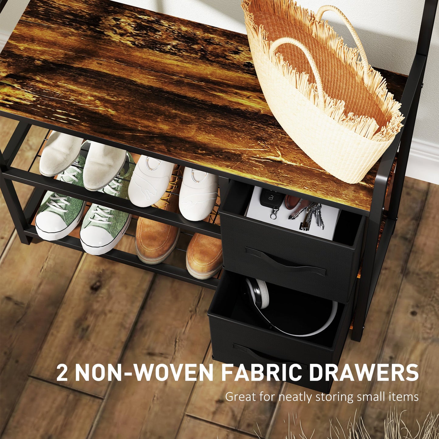 HOMCOM Coat Rack with Drawer, 4-in-1 Hall Tree with Coat Stand, Rustic Brown