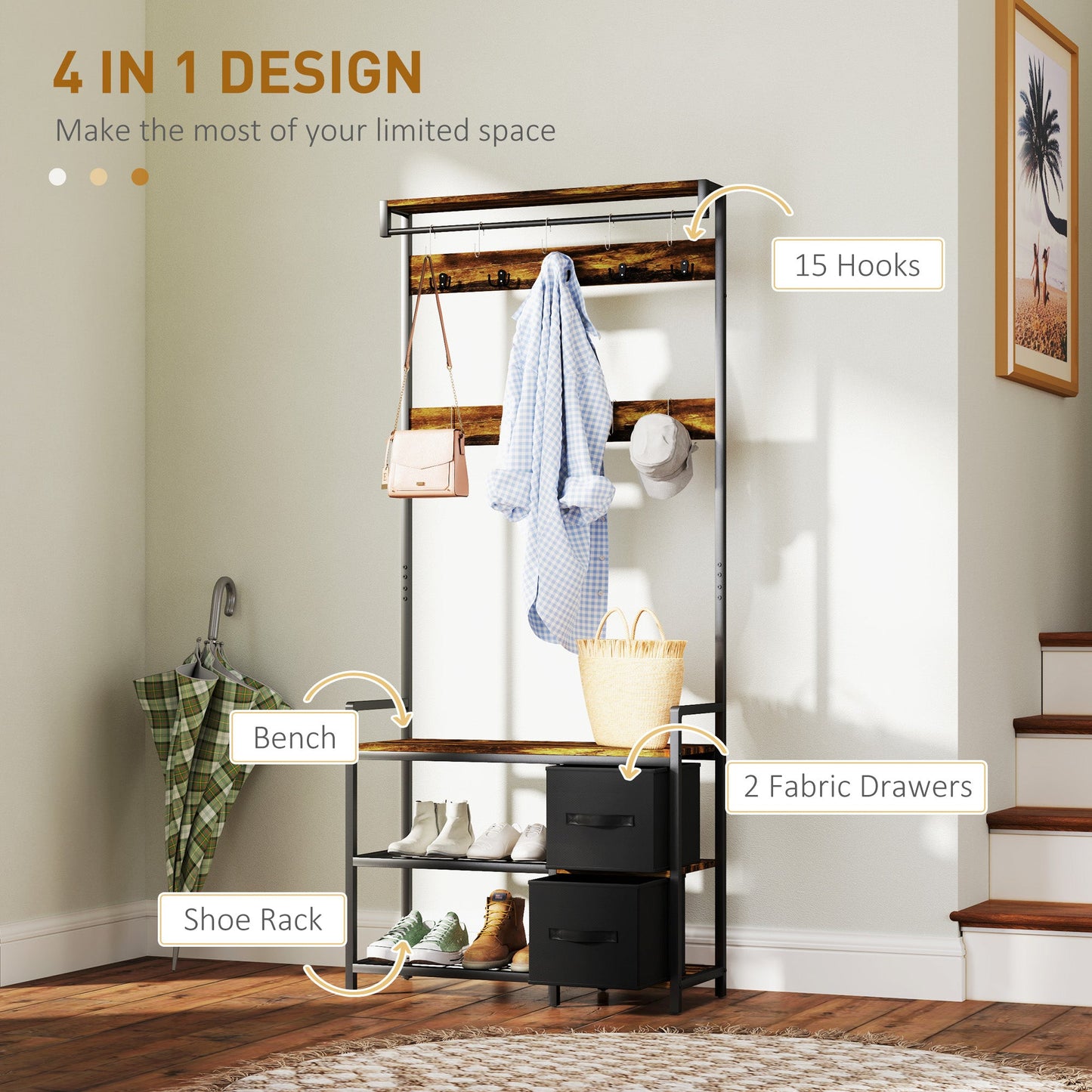 HOMCOM Coat Rack with Drawer, 4-in-1 Hall Tree with Coat Stand, Rustic Brown
