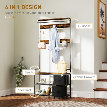 HOMCOM Coat Rack with Drawer, 4-in-1 Hall Tree with Coat Stand, Rustic Brown
