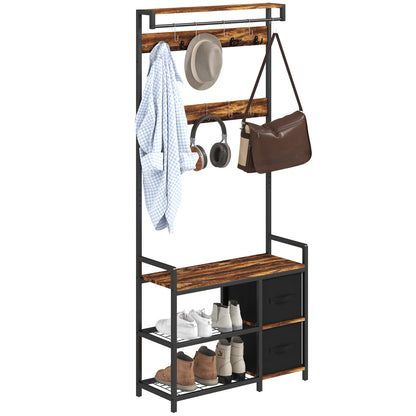 HOMCOM Coat Rack with Drawer, 4-in-1 Hall Tree with Coat Stand, Rustic Brown
